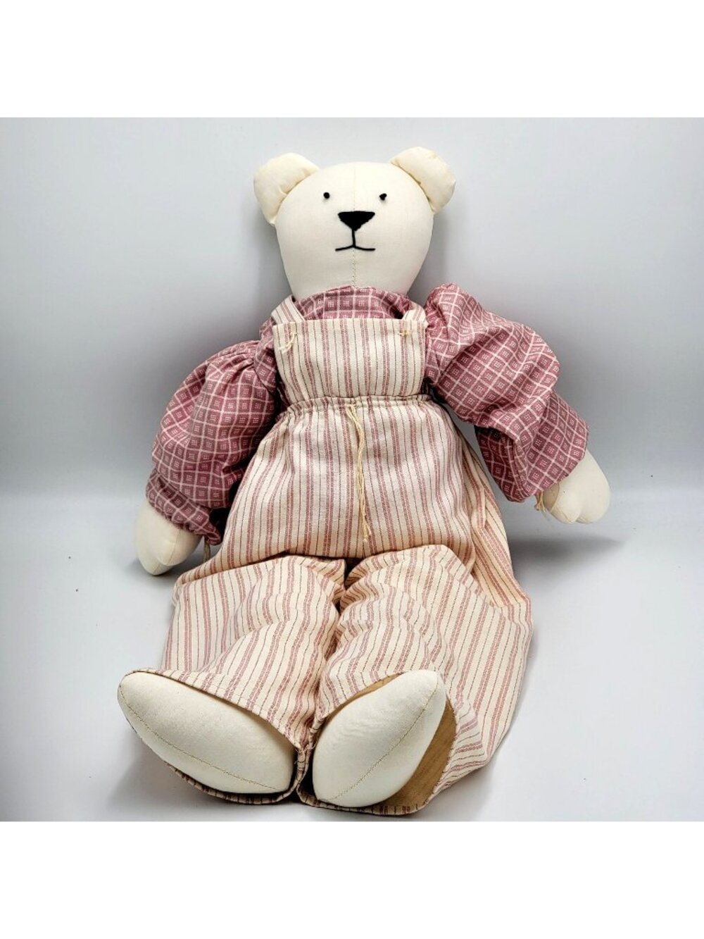 Vtg 1991 Grannycore Handmade Fabric OOAK Plush Teddy Bear in Striped Overalls